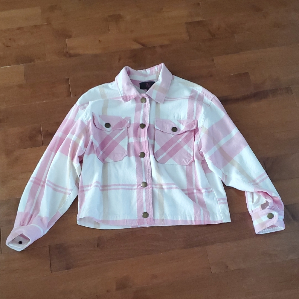 Oversized Flannel NOBO Pink and White Plaid Crop Top